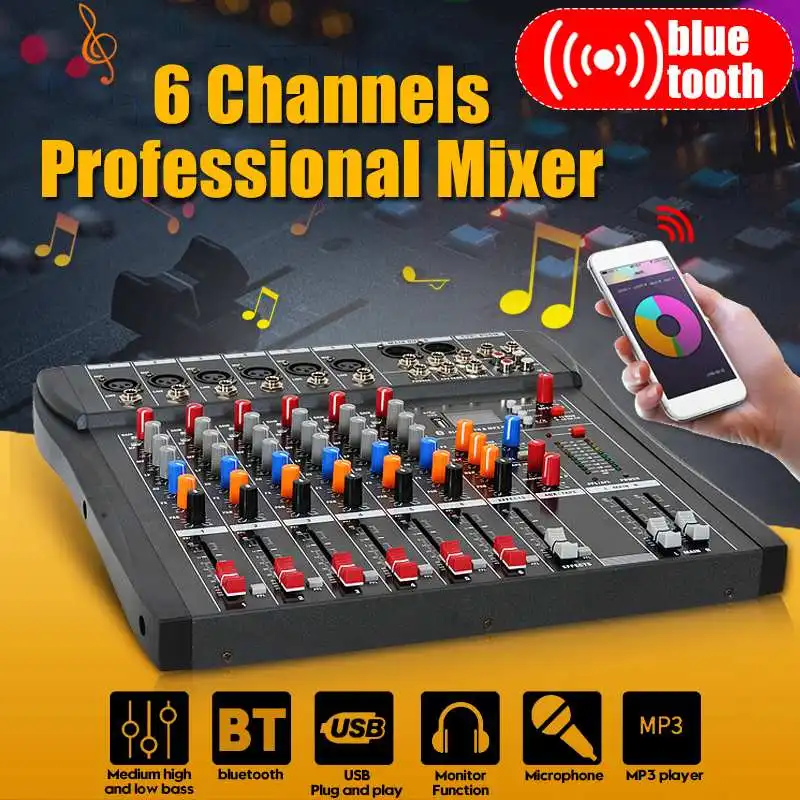Профессиональный 6 каналов студийный аудио микшер bluetooth USB цифровой DJ звук микшерный пульт 48 В Phantom Power монитор усилитель