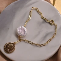 vintage delicate bracelet stainless steel real baroque pearl bracelet coin charm bracelet unisex new jewelry
