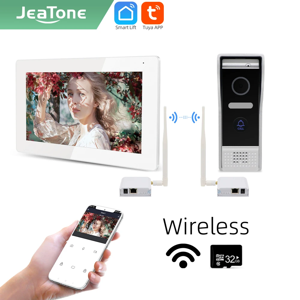Jeatone Tuya smart 7 inch WIFI IP Video intercom phone doorbell camera system with wireless WIFI Bridge Box87203
