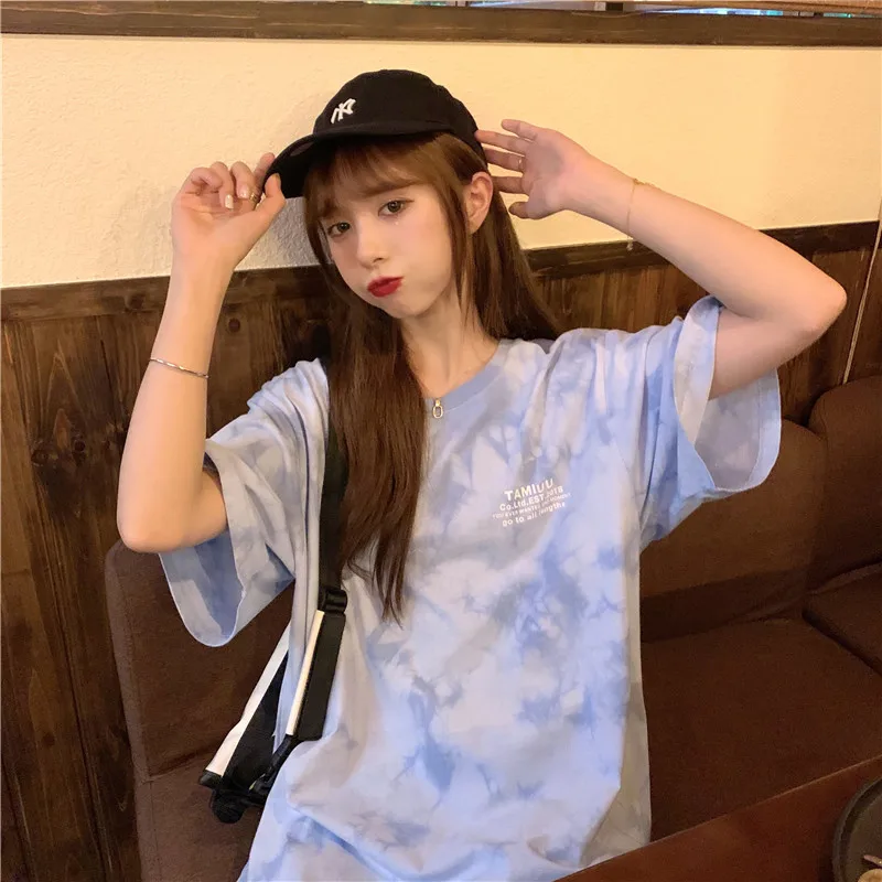

Chic Hong Kong Tie-Dyed Short-Sleeved T-shirt for Women 2021 Loose Korean Trendy Ins Harajuku Japanese Style