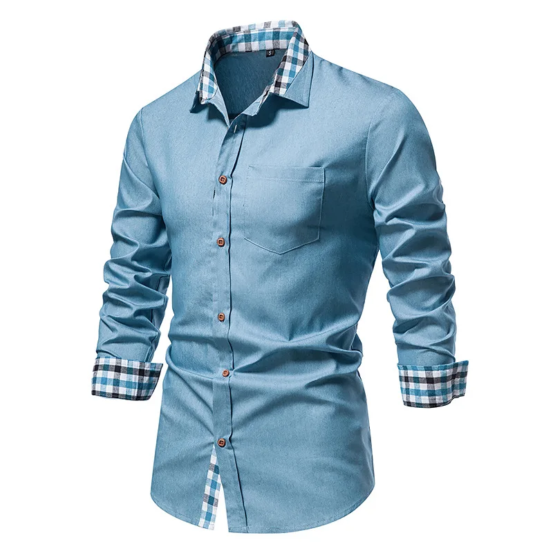 Slim Fit Men Blue Shirt Fashion Trend Long Sleeve Collared Shirts camisas para hombre