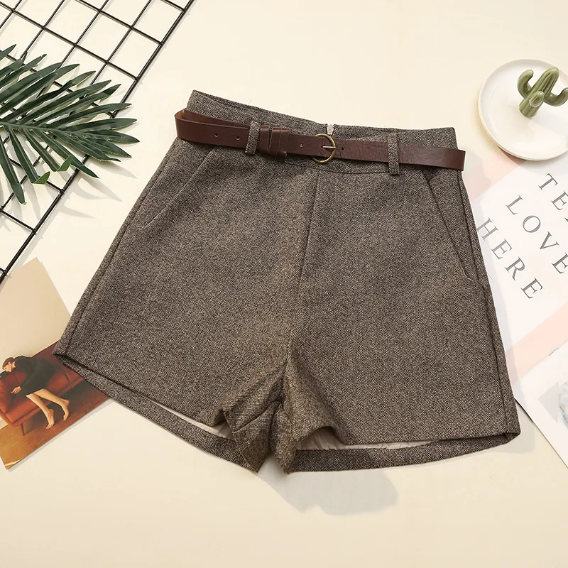 Осенне зимние Формальные шорты женские Корейская Высокая талия толстые с поясом
