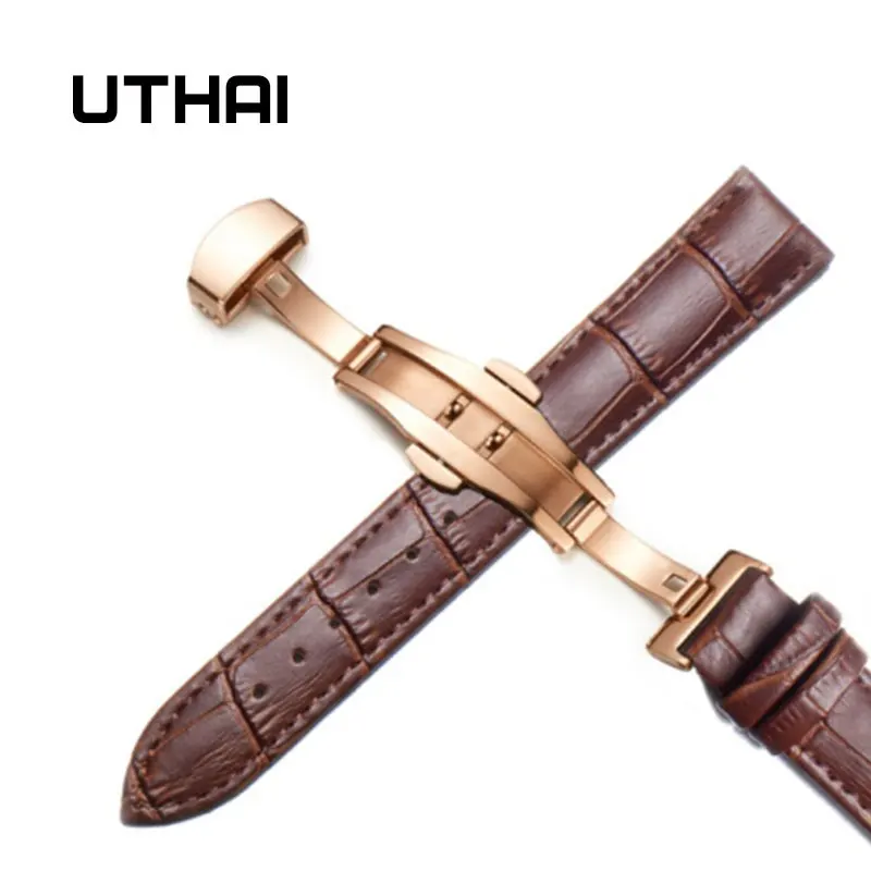 Rosegold-brown UTHAI Z09 Plus Ремешки для наручных часов из натуральной кожи 12-24 мм Универсальные часы с бабочкой и пряжкой стальной ремешок с пряжкой 22 мм ремешок для наручных часов - Цвет ремешка: Rosegold-brown