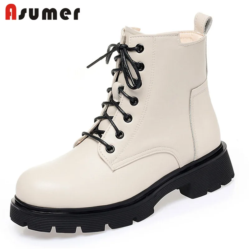 

Asumer 2022 Quality Wool Boots Women Genuine Leather Shoes Lace Up Zip Flat Shoes Round Toe Warm Ankle Boots Women Snow Boots