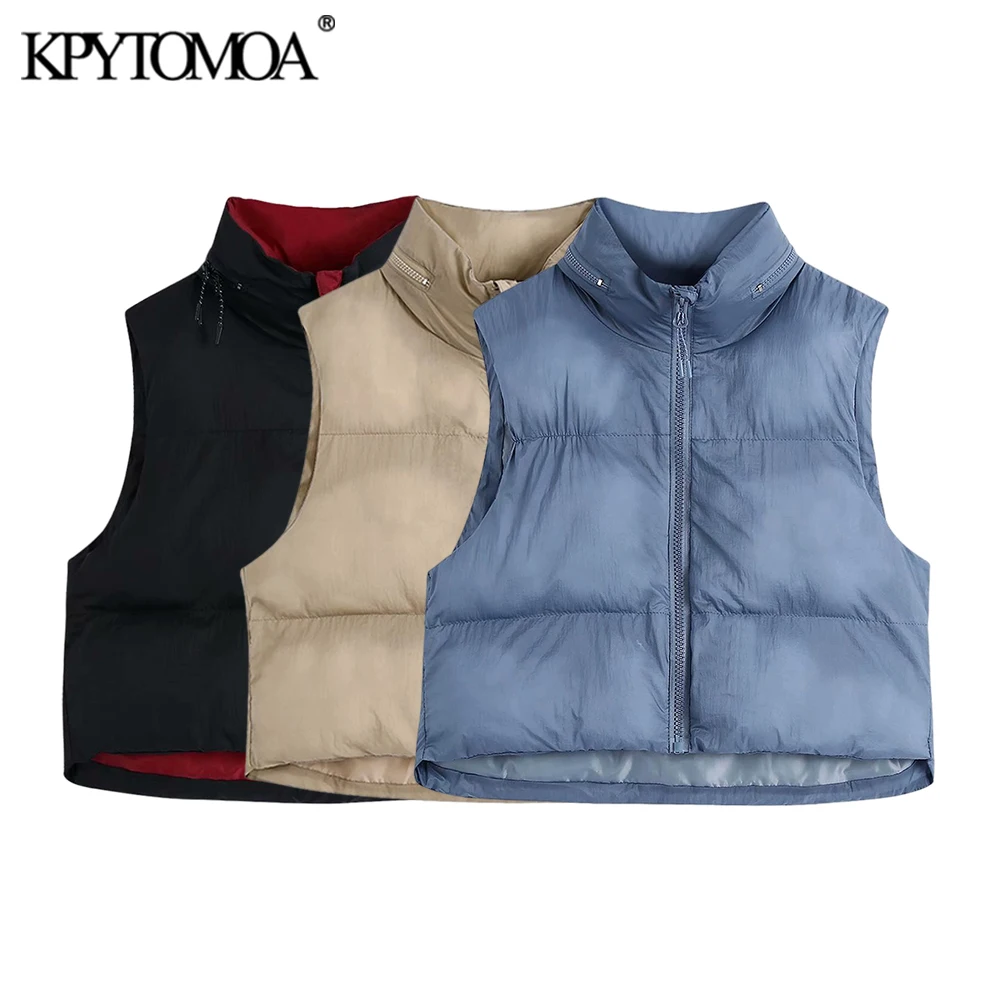 

KPYTOMOA Women Fashion Hooded Hidden Inside Padded Crop Waistcoat Vintage Sleeveless Zip-up Female Outerwear Chic Veste Top