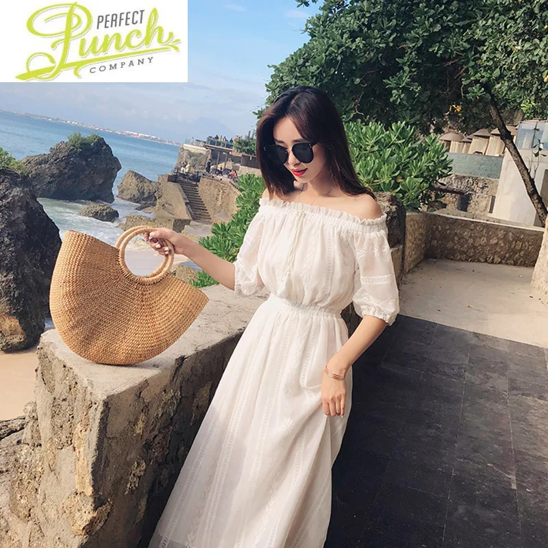 

White 2021 Summer Beach Lace Midi Dresses for Elegant Dress Women Slash Neck Vestidos 210-X017 Pph267