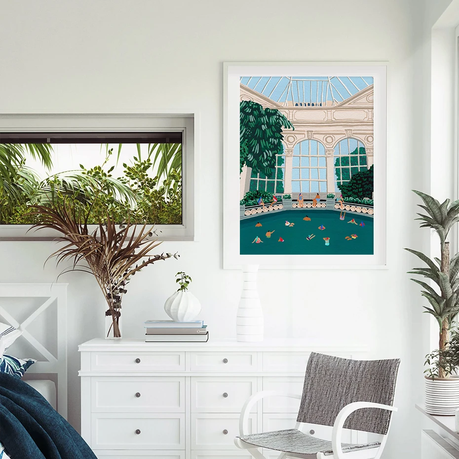 Мультяшная синяя Картина на холсте для бассейна летняя толпа морской отпуск