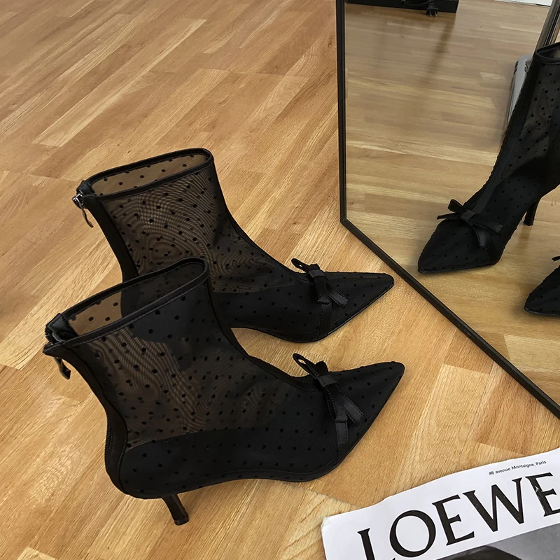 Polka Dot Heel Shoes Women Ankle Boots Female Lace Short Kitten With Luxury Brand Bow Style Dress Pointed Toe | Обувь