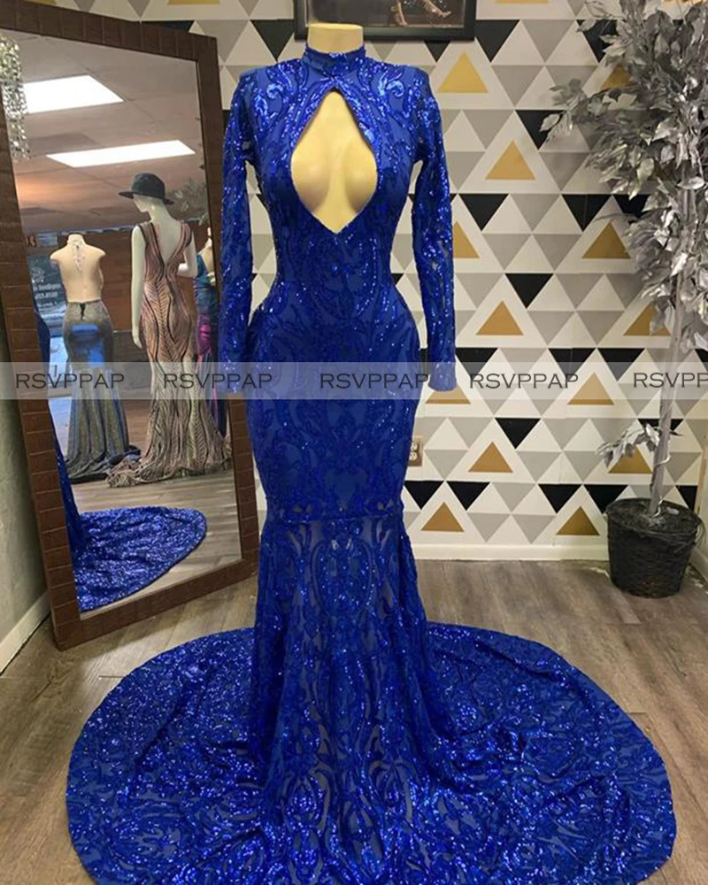 

Royal Blue Long Sequin Prom Dresses 2020 New Arrival Sexy Cut-Out Front Open Back High Neck Long Sleeve Mermaid Prom Gowns