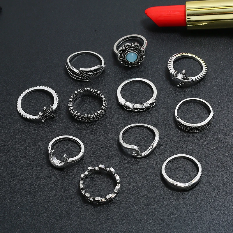 Комплект модных колец в богемном стиле 11 шт./компл. ретро с листьями цветами