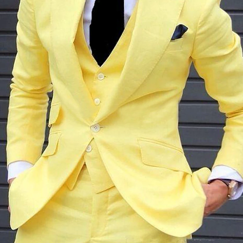 Yellow Slim Fit Prom Suits for Men 3 Piece Set Jacket with Pants Vest Latest Coat Casual Design Male Fashion Smoking Clothes | Мужская