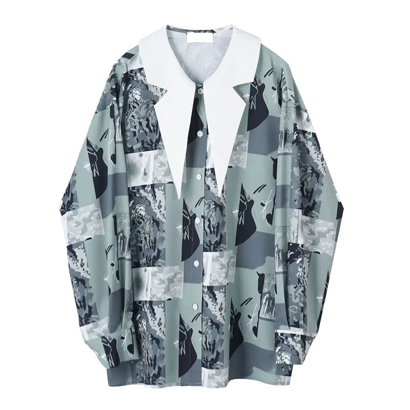 

SHENGPALAE Printed Patchwork Pattern Shirt Women's Spring 2021 New Loose lapel single breasted Long Sleeve Casual Blouse Female