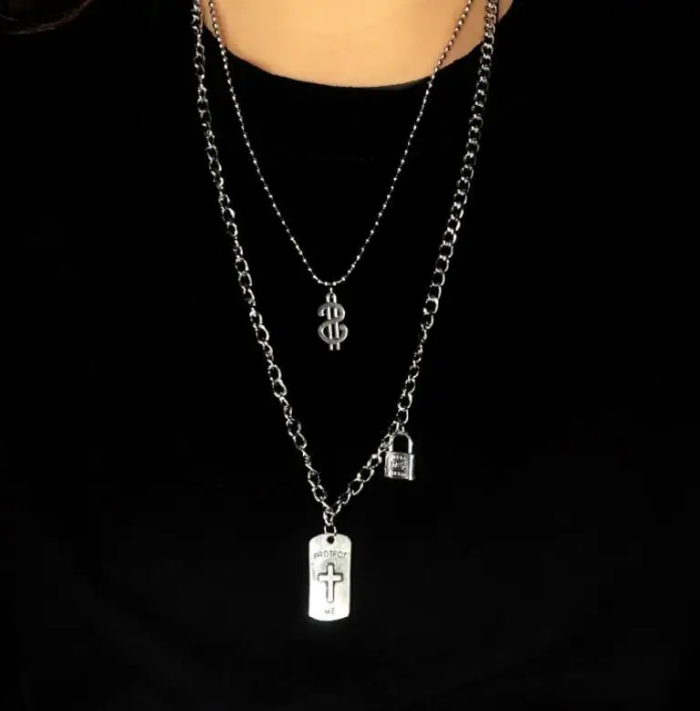 Религиозный крест висячий замок кулон ожерелье Металл двойной слой длинная цепь
