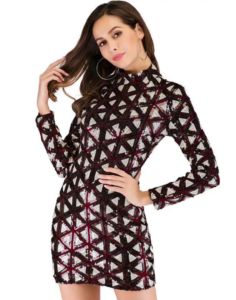 

Woman DressVestido verano mujer Women's Clothing Supply Stand Collar Long Sleeve Plaid Sequins Dress Party Dress