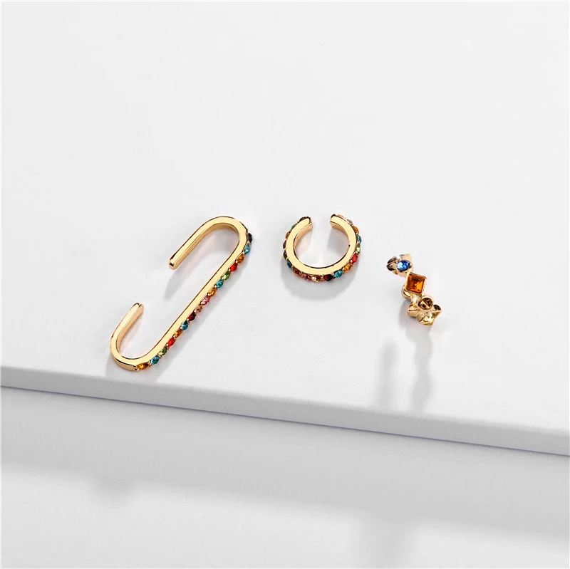 F.I.N.S Colorful Crystal Ear Clip without Puncture Cuff Earrings Set Three pcs Rainbow Ear Cuffs Stacked Earings Fashion Jewelry