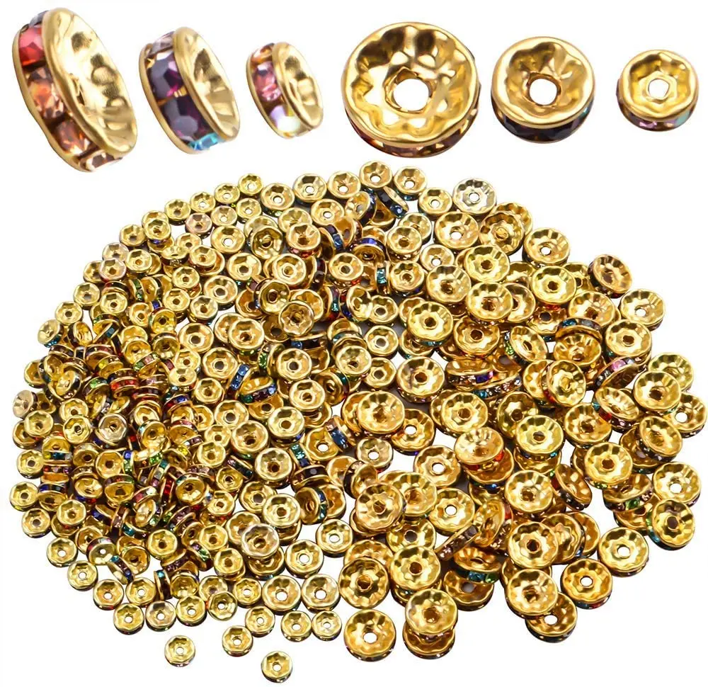 

300pcs Multicolor Rhinestone Spacer Beads Mixed Crystal Rondelle Beads for Bracelets Necklaces Jewelry Making,6mm/8mm/10mm,Gold
