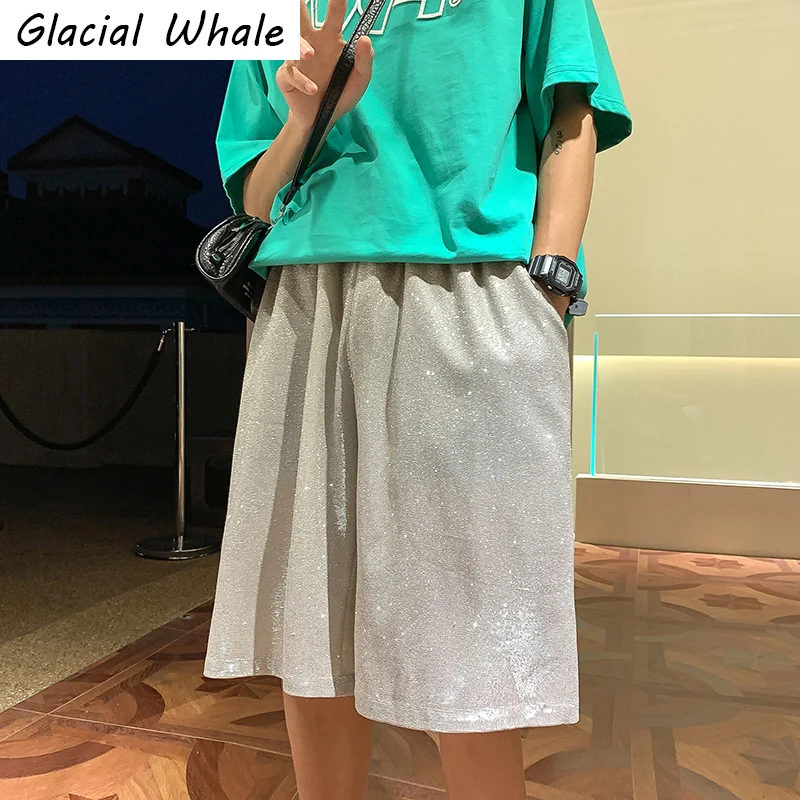 

GlacialWhale Men's Sweatpants Women Summer Solid Straight Reflective Pants Baggy Sports Streetwear Trousers Capri Pants For Men