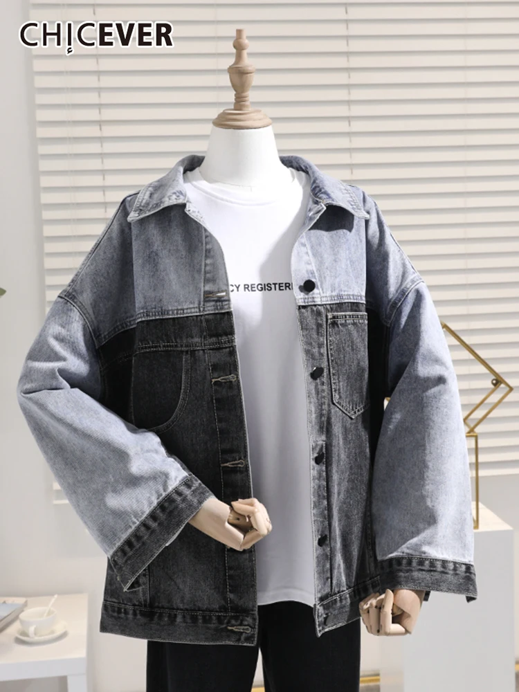 

CHICEVER Patchwork Colorblock Loose Casual Coat Female Lapel Long Sleeve Fashion Temperament Coats For Women Autumn 2021 Style