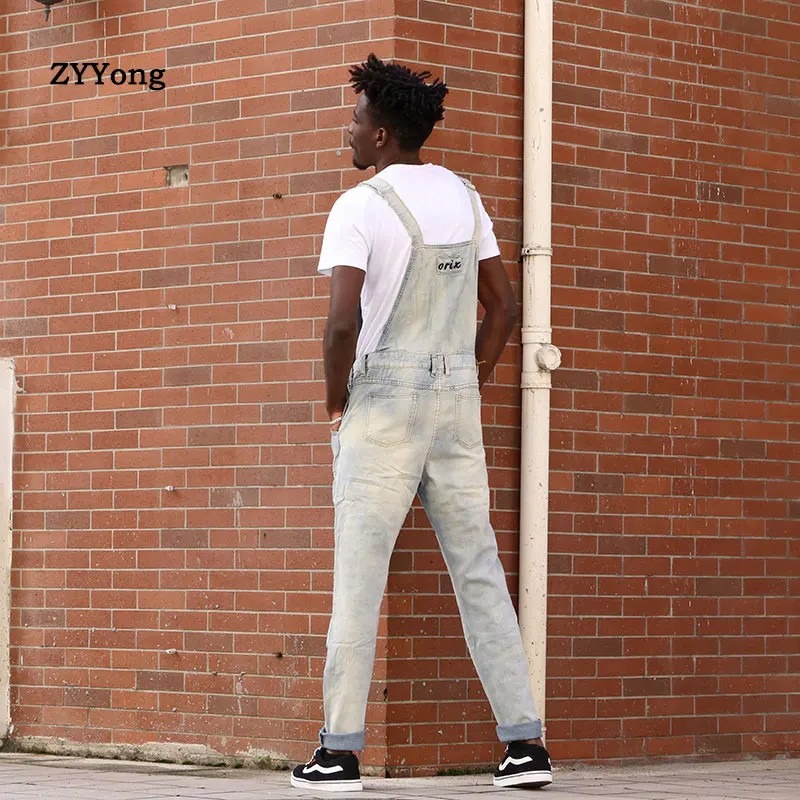 2021 Overalls Men's Bib Jeans Denim Jumpsuit Large Hip Hop Street Wear Fashion Pocket Loose Pants Light Blue Trousers