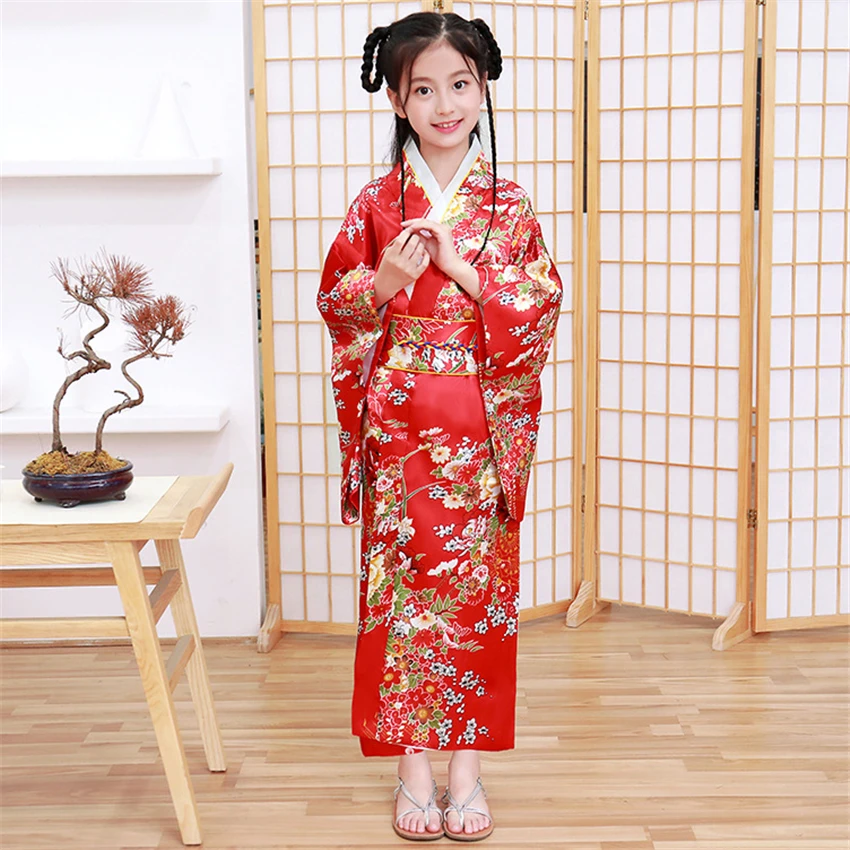 Girl's Japanese Traditional Kimono Cute Haori Costume Peacock Pattern Kawaii Yukata Dress Child Cosplay Asian Clothing 12 Colors