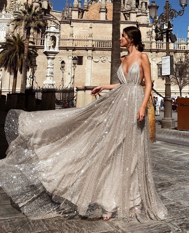 

Spaghetti Straps Silver Shining Long 2020 Evening Dresses Sexy A Line Prom Dress for Wedding Party Robe Demoiselle D'honneur
