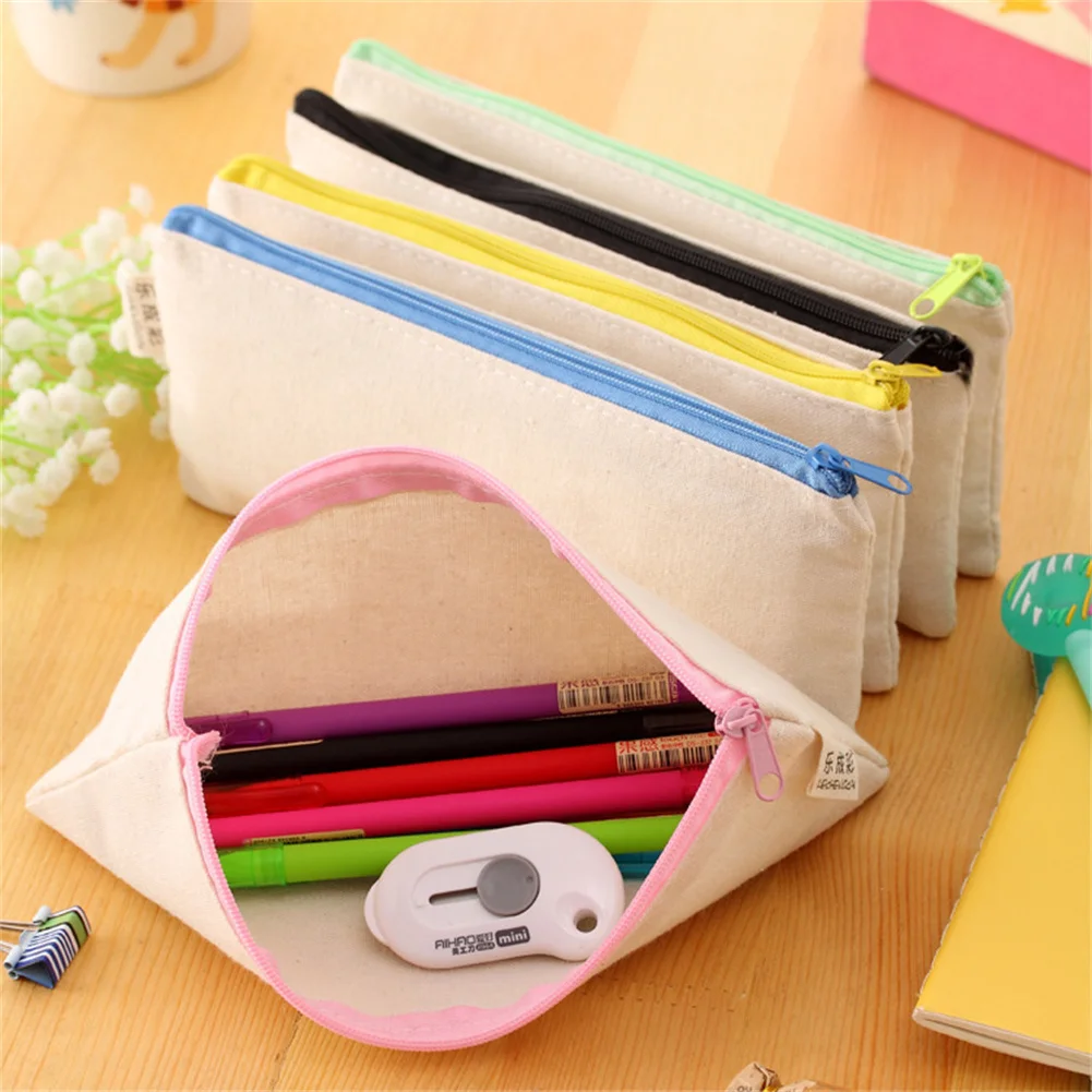 

Canvas Zipper Pencil Bag Blank DIY Craft Kawai Pen File Case Cosmetic Pouches Multifuncional Travel Toiletry Makeup Storage Bags