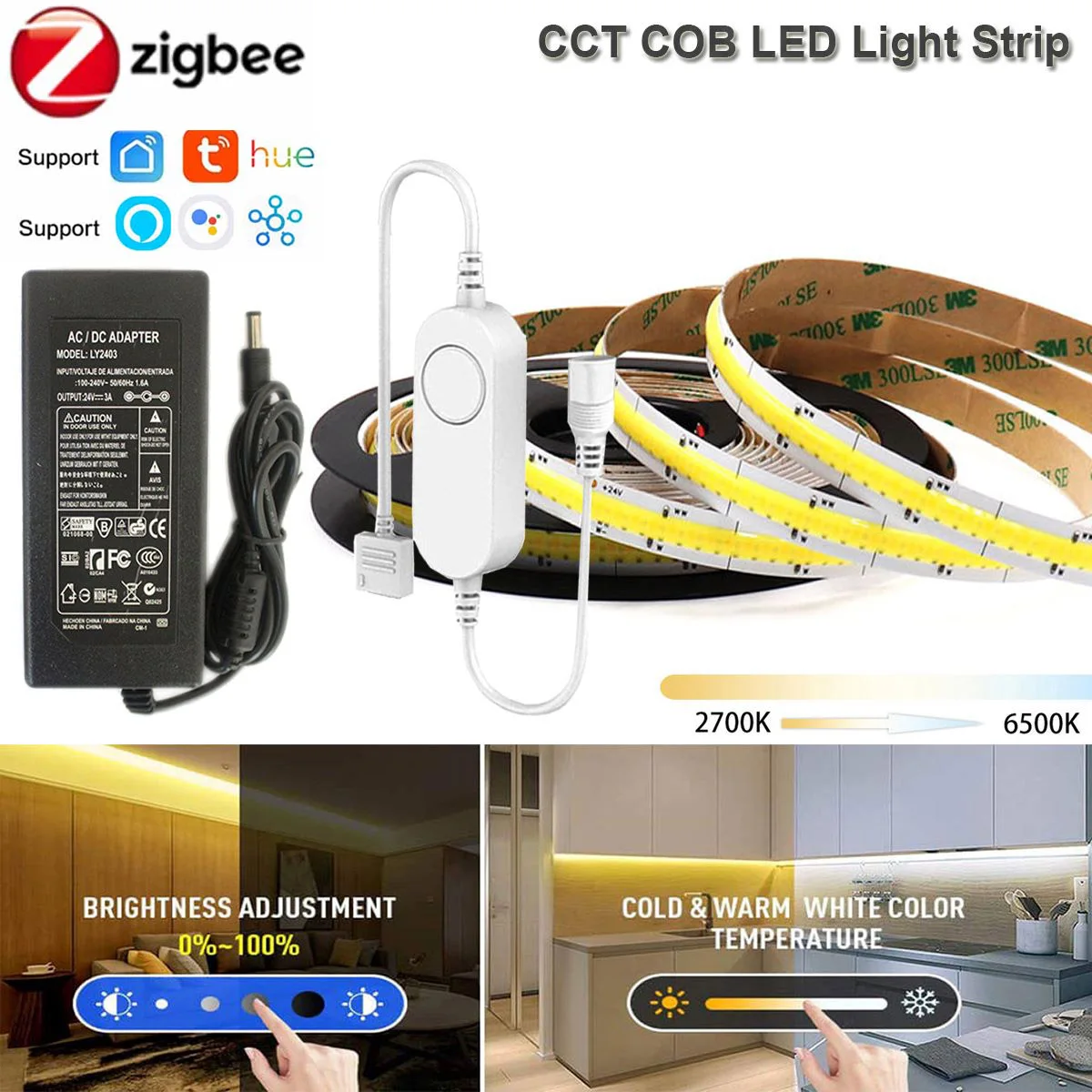 

Zigbee 3.0 Control 2700-6500K CCT COB 24v 520LEDs/m LED Strip Dimmable Backlight Light Lamp Tape for Alexa Smartthings Hu*e Tuya