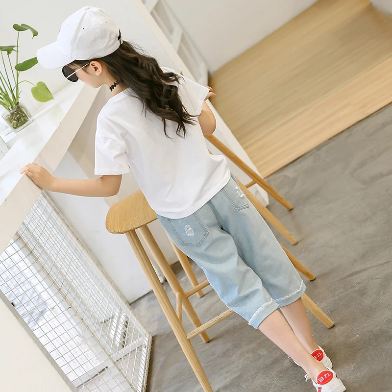 Комплекты одежды для девочек-подростков 2020 футболка в стиле пэчворк + джинсы