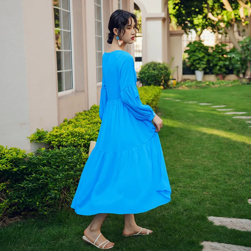 

2-Wearing-Way Summer Elegant Long Sleeves Casual Party Vacation Dress Korean Runway 2021 Long Blue Women Tropical Beach Dress