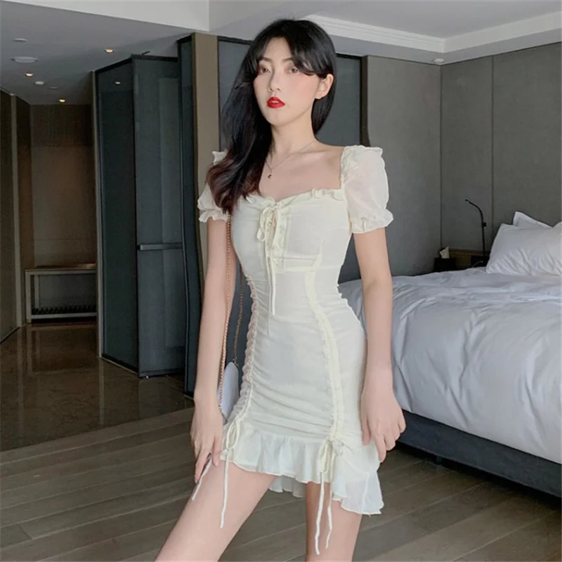 

Pink Short Butterfly Sleeve Ruffles Draw String Bow Woman New Fasion Solid Woman Slash Neck Elegant Summer Mini Dress