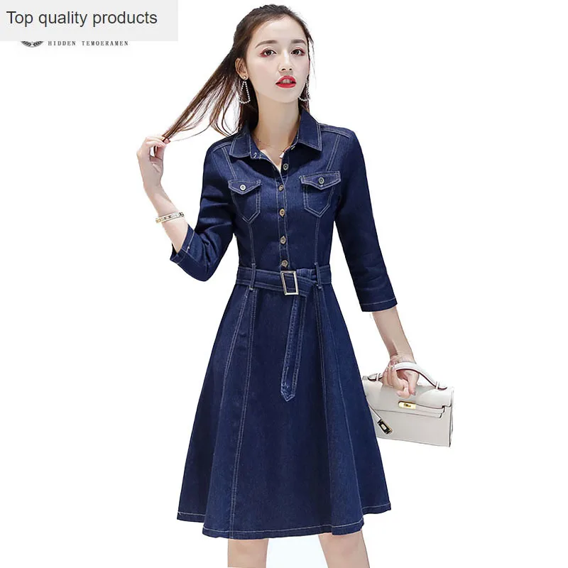 

Denim Dress Women 2020 Spring Autumn Lapels Casual A-Line Jeans Dresses Female Elegant Medium-Long Lady Dress With Sashes W1605