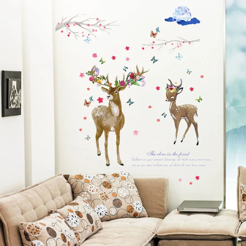 

Galaxy Blue Sika Deer Wall Stickers Removable Flower Elk Wallpaper Door Decal for Home Living Room Decoration Bedroom Decor