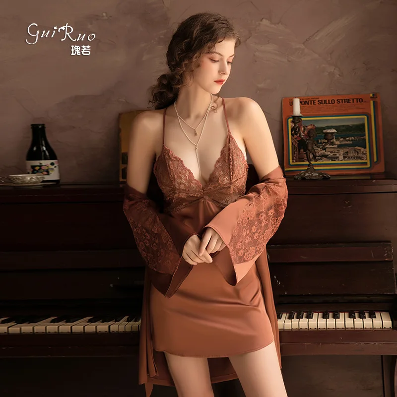

Summer Ladies Sexy Deep V Stitching Lace Lace Robe Bathrobe Spring And Autumn Home Service