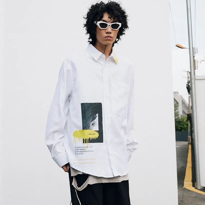

Firmranch NEW Men Fall Spring Hiphop Streetwear Casual Shirt BF Style For Girls Ins Hot Loose Long Sleeve Letters Print Shirt