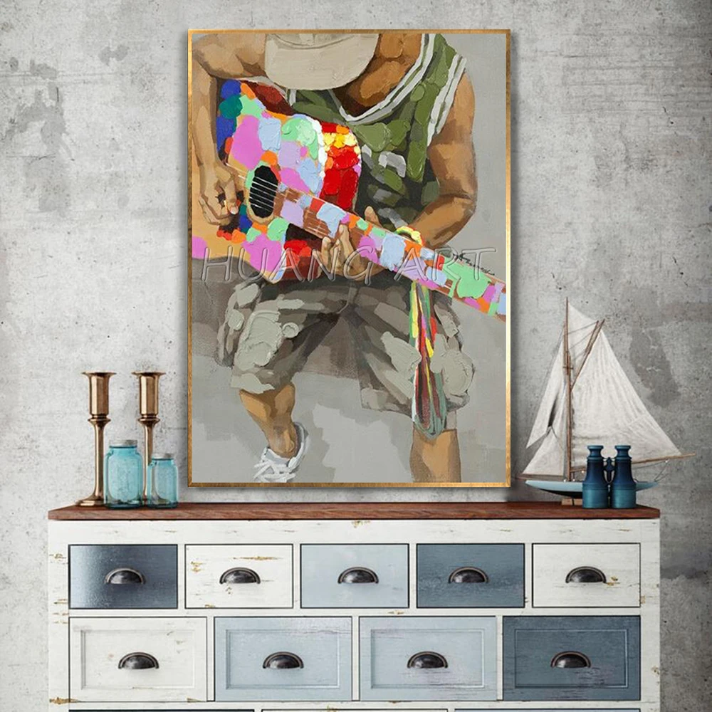 Hand-painted Guitar Man Knife Portrait Oil Painting on Canvas for Wall Decor Modern Rock Music Abstract Figure | Дом и сад