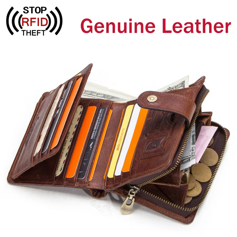 

Genuine Leather Men Wallet Fashion Male Purse with Coin Pocket Short Man Wallets with Card Holder Vintage Zipper Wallet For Man