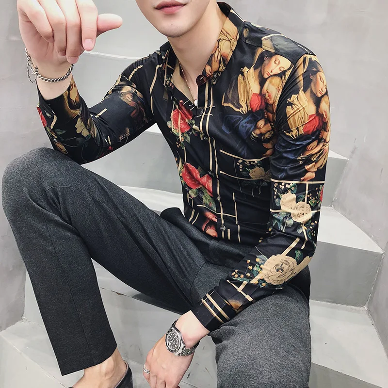 

Luxury Print Shirt Men Gold Black White Long SleeveSocial Men Club Prom Shirt Dress M-3XL