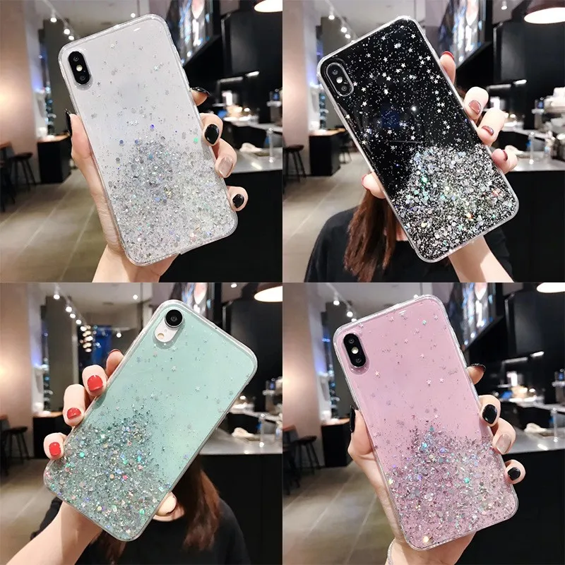 Luxury Gradient Glitter Star Phone Case For Huawei P40 P30 Pro Lite Mate 20 Iphone 7 8 11 Transparent Soft Back Cover | Мобильные