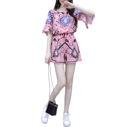 

Vintage 2019 Loose Casual Two Piece Set Brief Pocket Print 2 Pcs Set Flarre Sleeve Fashion Korean Women Clothes