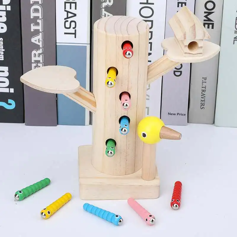 

Preschool Kids Early Learning Educational Toy Woodpecker Catch Worms Game Magnetic 3D Puzzle Wooden Toys For Children Baby Gifts