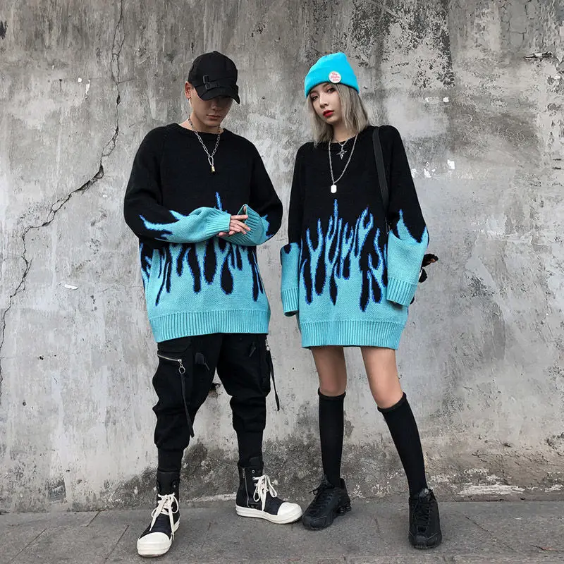 

Woman Sweater Fall Women High Street Flame Jacquard Loose Pullover Couple Knitted Sweater Hip Hop Style