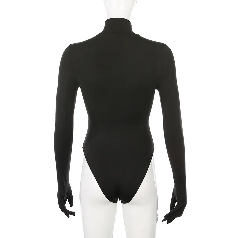 

Winter Fashion Neon Cut Out Long Sleeve Basic Bodysuit With Gloves Slim Sexy Body Mujer High Neck Rompers Women Jumpsuits Femme