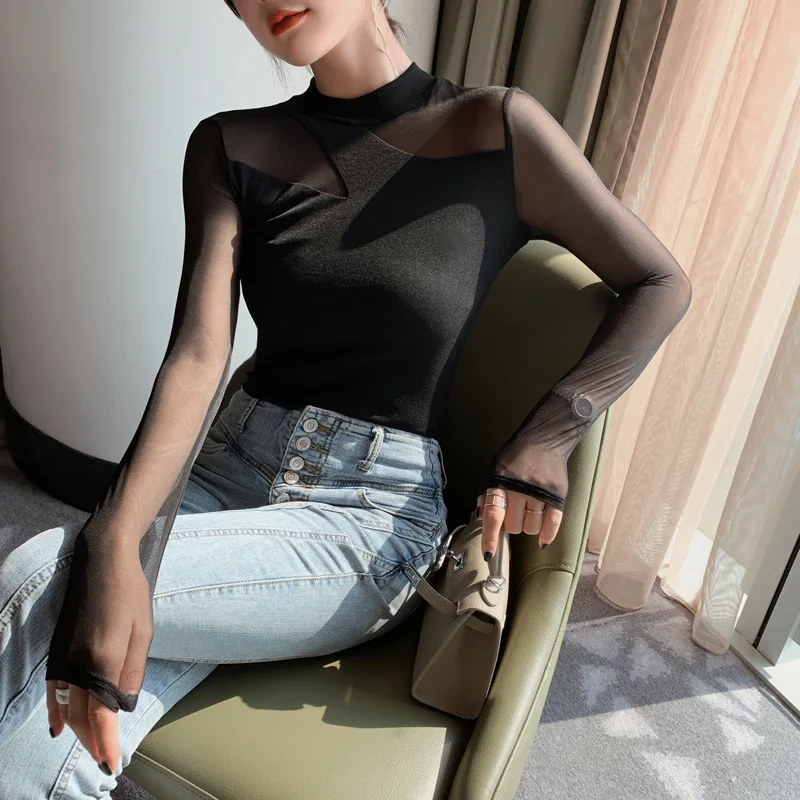 Новинка весны 2020 модная прозрачная футболка женская черная Лоскутная с длинным