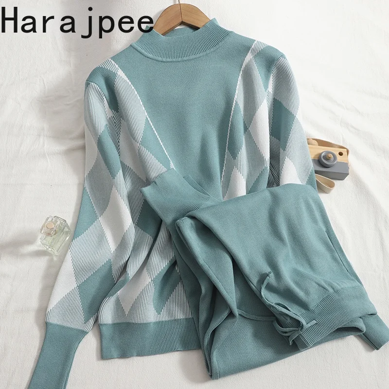 

Harajpee Women Two-piece Set Contrast Color Plaid Half High Collar Top Solid Lace-up Harem Pants Trousers 2021 Autumn Winter New