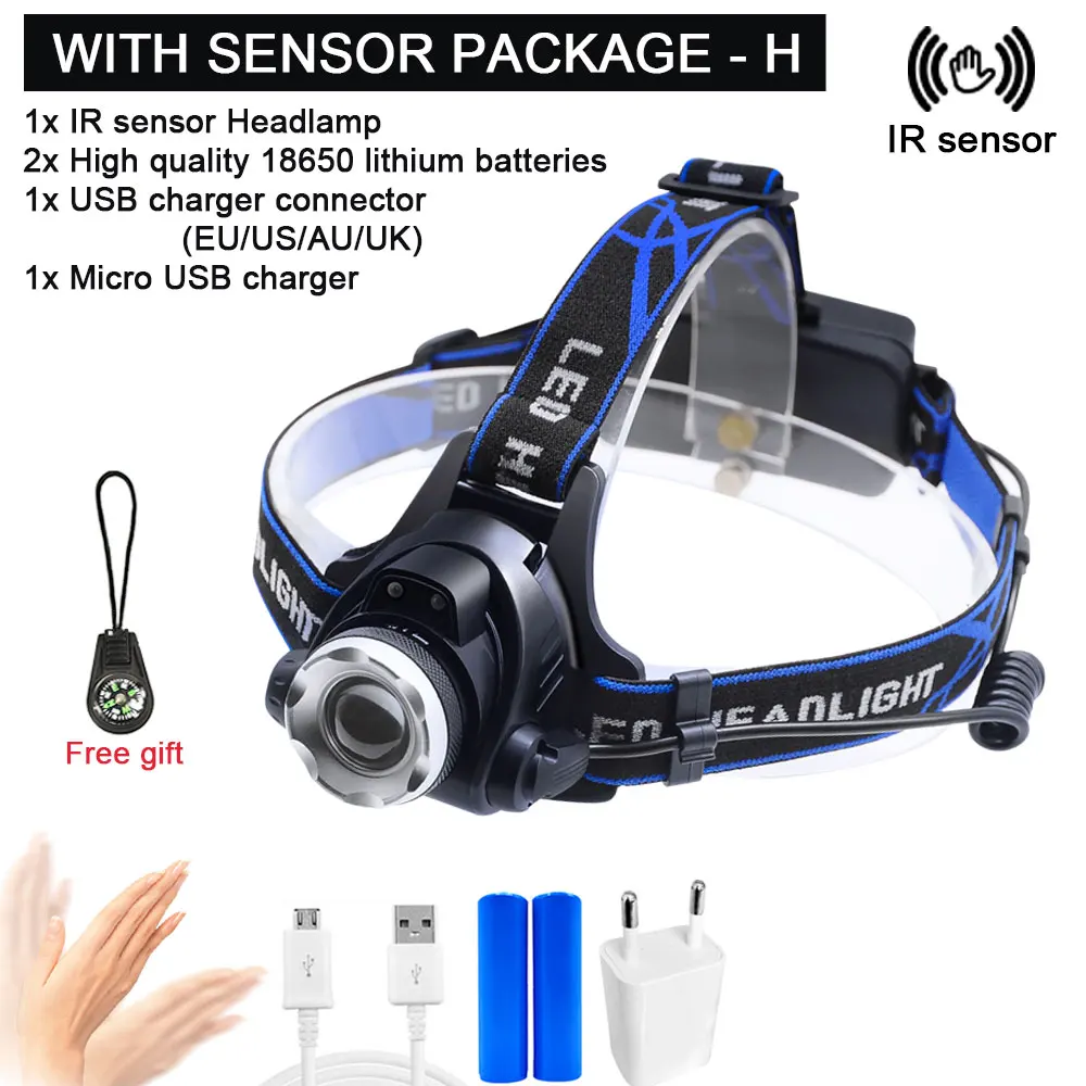 With sensor-H Светодиодный налобный фонарь для рыбалки головной светильник T6/L2 зум лампа Водонепроницаемый Головной фонарь вспышка светильник фонарь Использует 18650 Аккумулятор для велосипеда светильник - Испускаемый цвет: With sensor-H