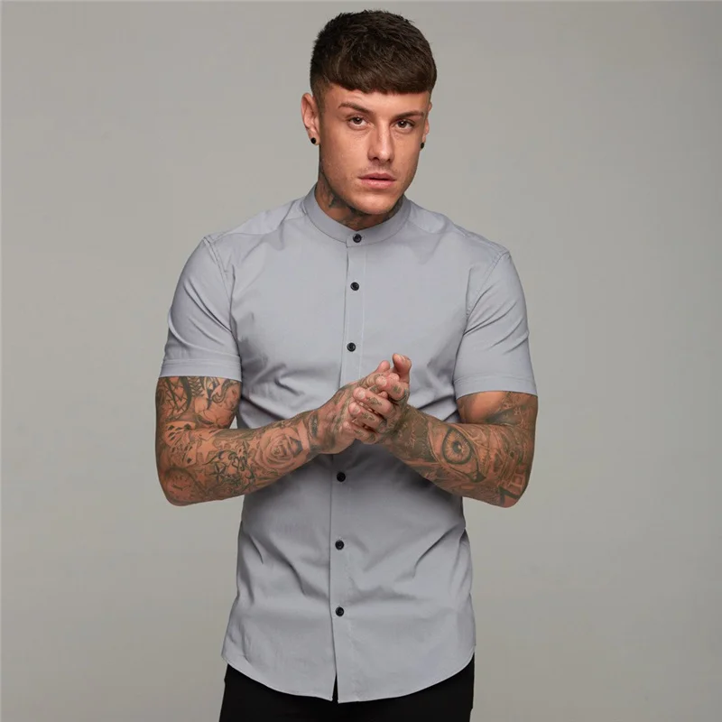 

New Arrivals Summer Man Short Sleeve Shirt Solid Fitness Mens Stand Collar Super Slim Fit Business Dress Shirt Button Gym Tops
