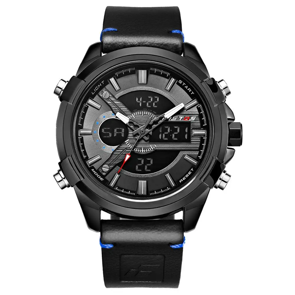 Black Blue Ristos Модные мужские Кварцевые спортивные часы с аналоговым и цифровым дисплеем с кожаным ремешком, мужские часы, Водонепроницаемый двойные наручные часы женские часы 9416 - Цвет: Black Blue