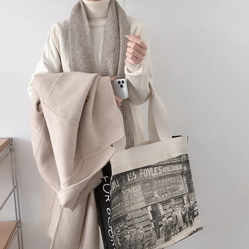 

Women Canvas Shoulder Bag Foyles Bookshop Female Extra Large Books Bag Retro Photo Print Handbag Thick Tote Ladies Shopping Bags