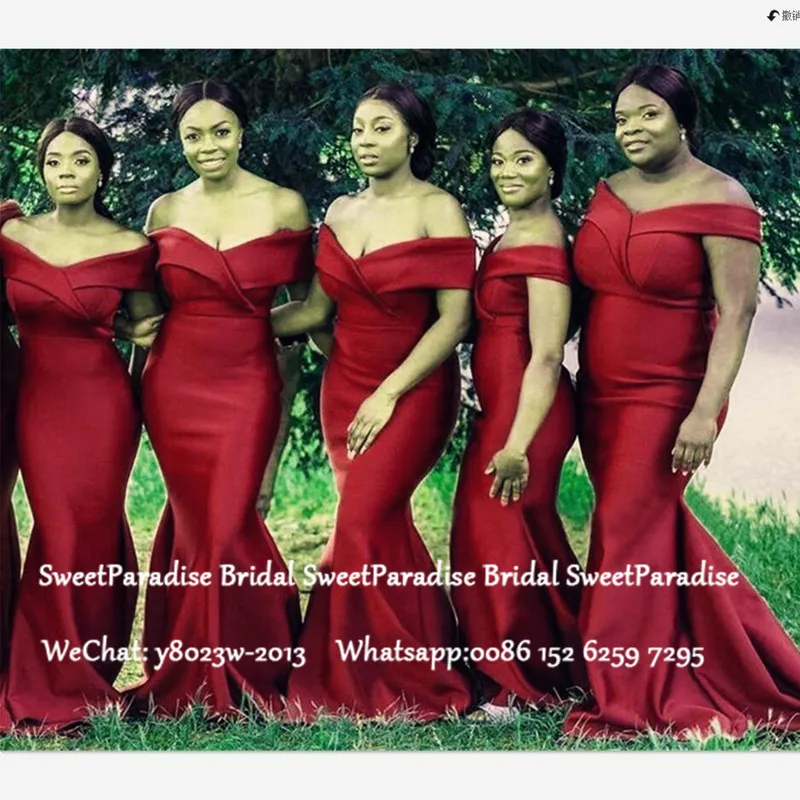 

African Women Mermaid Bridesmaid Dresses Off Shoulder 2020 Burgundy Satin Long Wedding Guest Dress Robe Demoiselle D'honneur