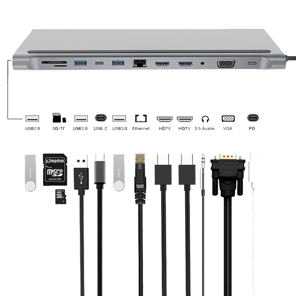 USB хаб DeepFox 12 в 1 с портами C на два HDMI VGA Rj45 3 0|USB-хабы| |